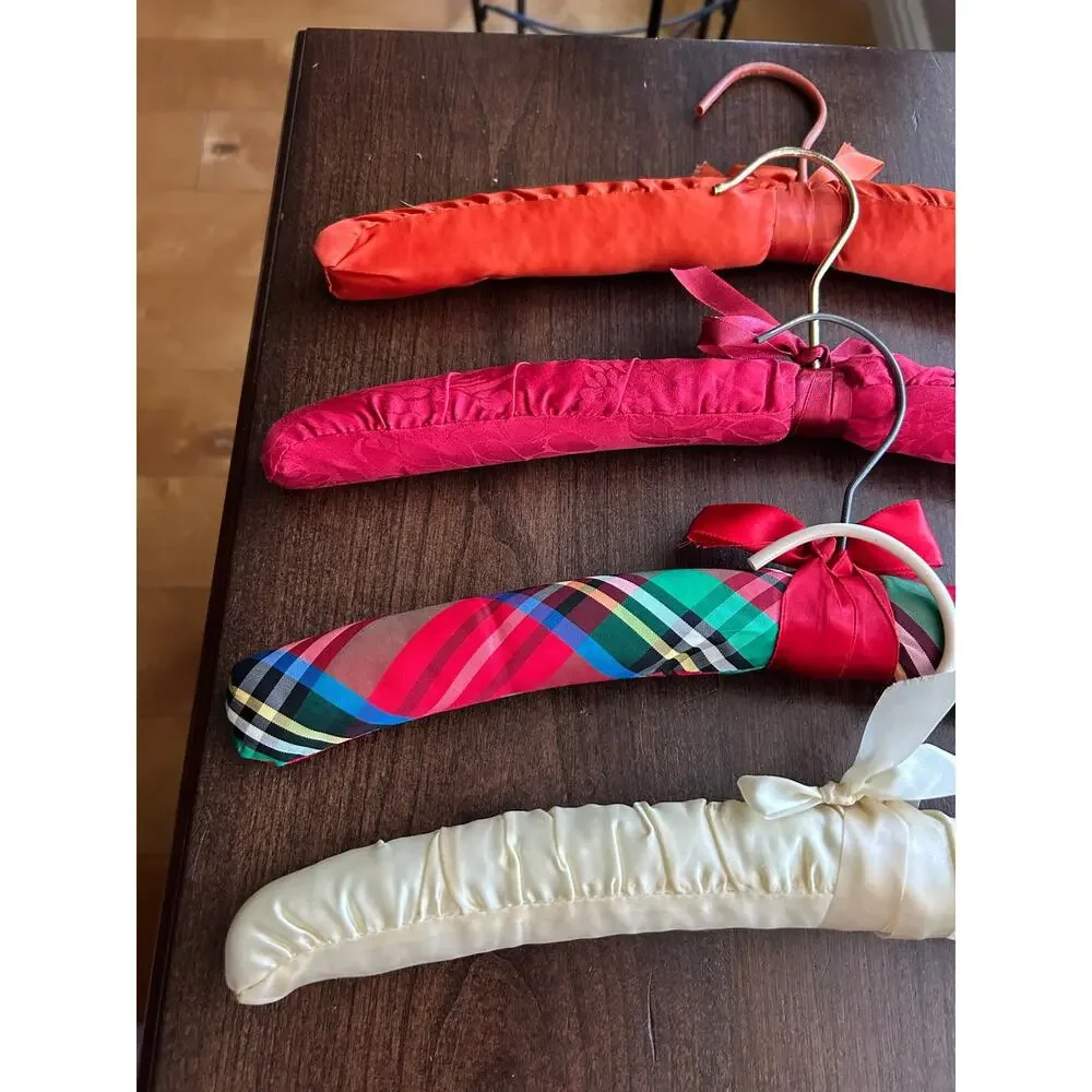 4 Vintage satin padded clothes hangers ribbon bows red orange cream